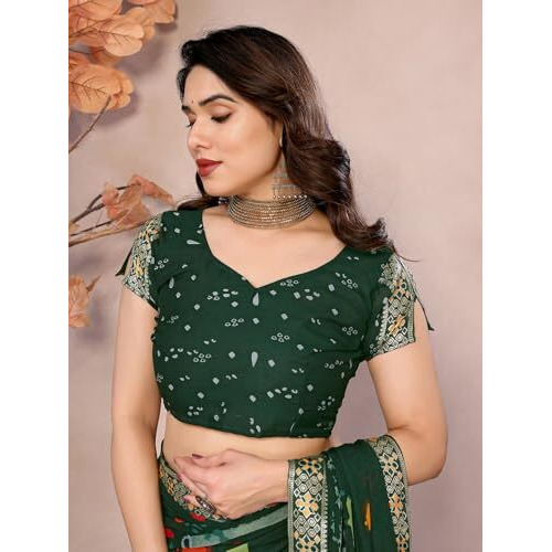 Yashika Women's Printed Georgette Saree With Lace Border and Unstitched Blouse Material (AZ-YS-P3-BARUNI GREEN)