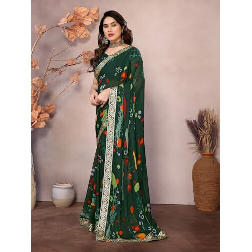 Yashika Women's Printed Georgette Saree With Lace Border and Unstitched Blouse Material (AZ-YS-P3-BARUNI GREEN)