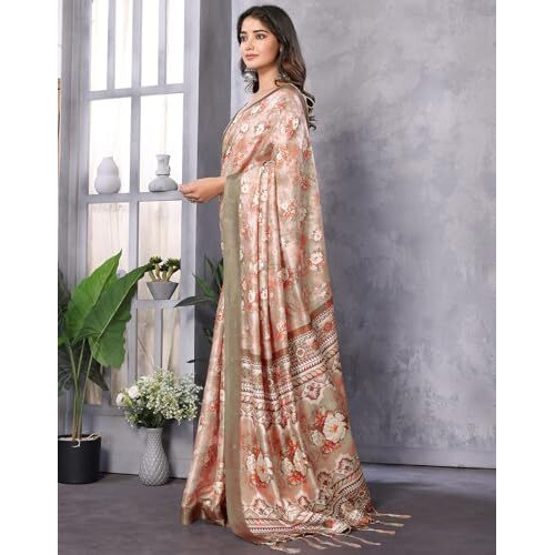 Yashika Women's Digital Print Art Silk Cotton Saree with Tassels and Golden Border - Lightweight and Elegant Ethnic Wear for Festive and Casual Occasions (AZ-YS-P3-PUSHPA 06)