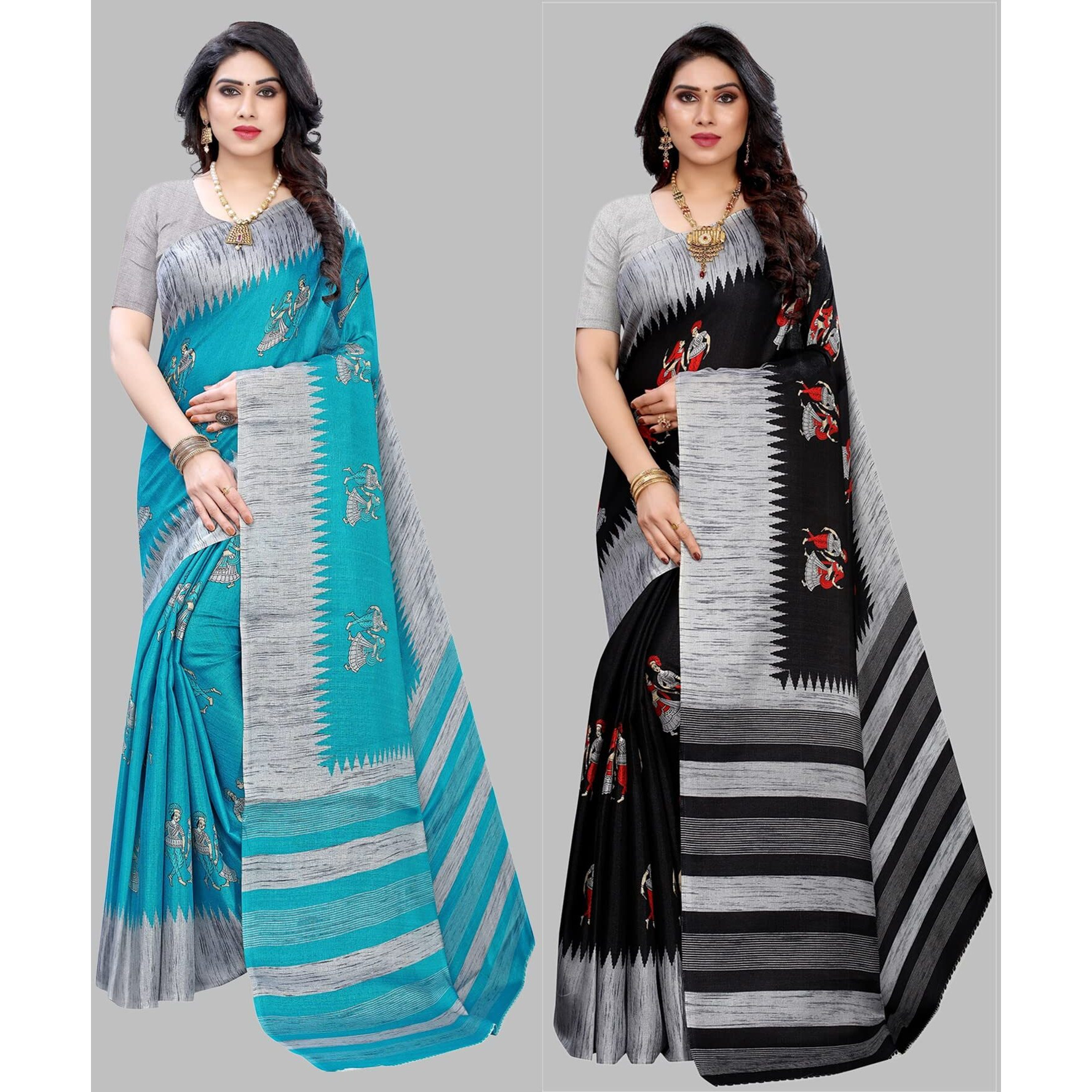 Yashika Women's Combo Art Silk Printed Saree With Blouse Piece Pack Of 2(NAURTA BLUE-NAURTA BLACK)