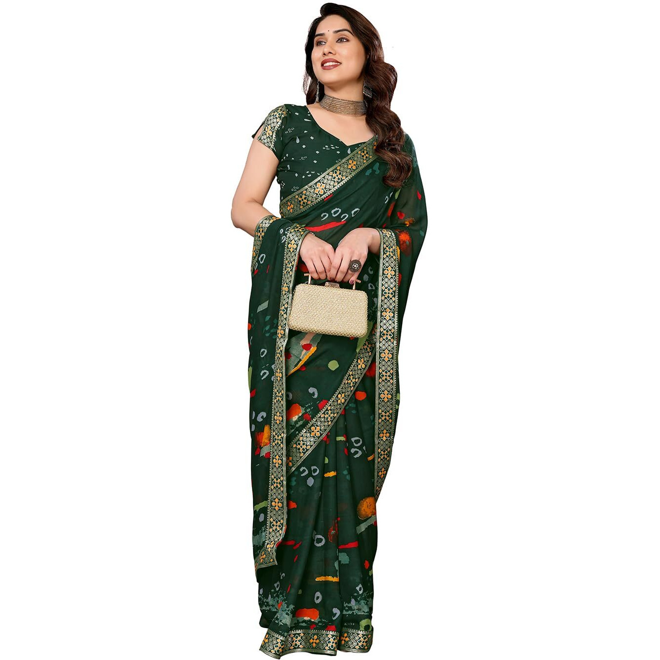 Yashika Women's Printed Georgette Saree With Lace Border and Unstitched Blouse Material (AZ-YS-P2-BARUNI GREEN)