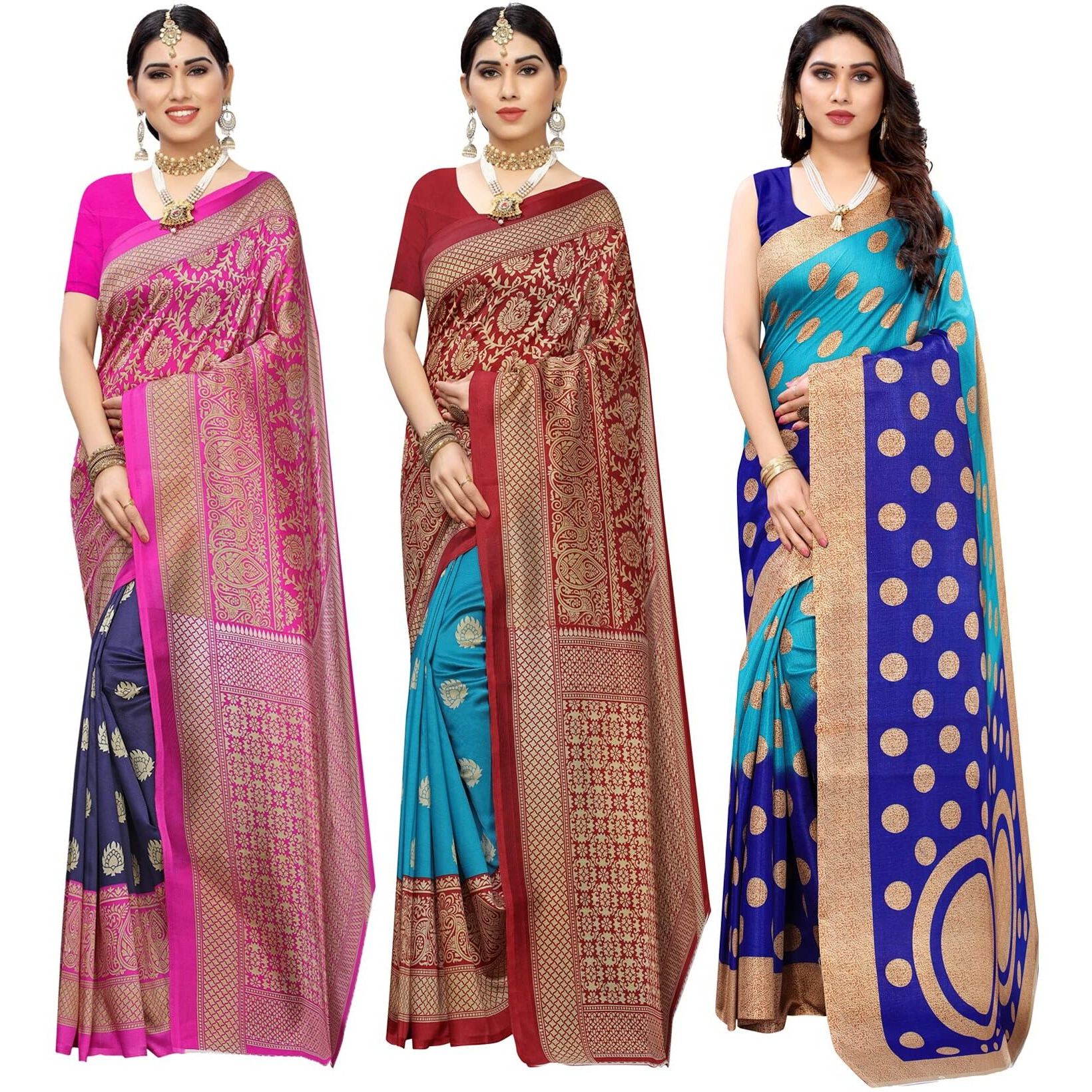 Yashika Women's Combo Art Silk Saree with Blouse Piece-Pack of 3 Navy-Metro RAMA-Kora Blue Multicolor-10
