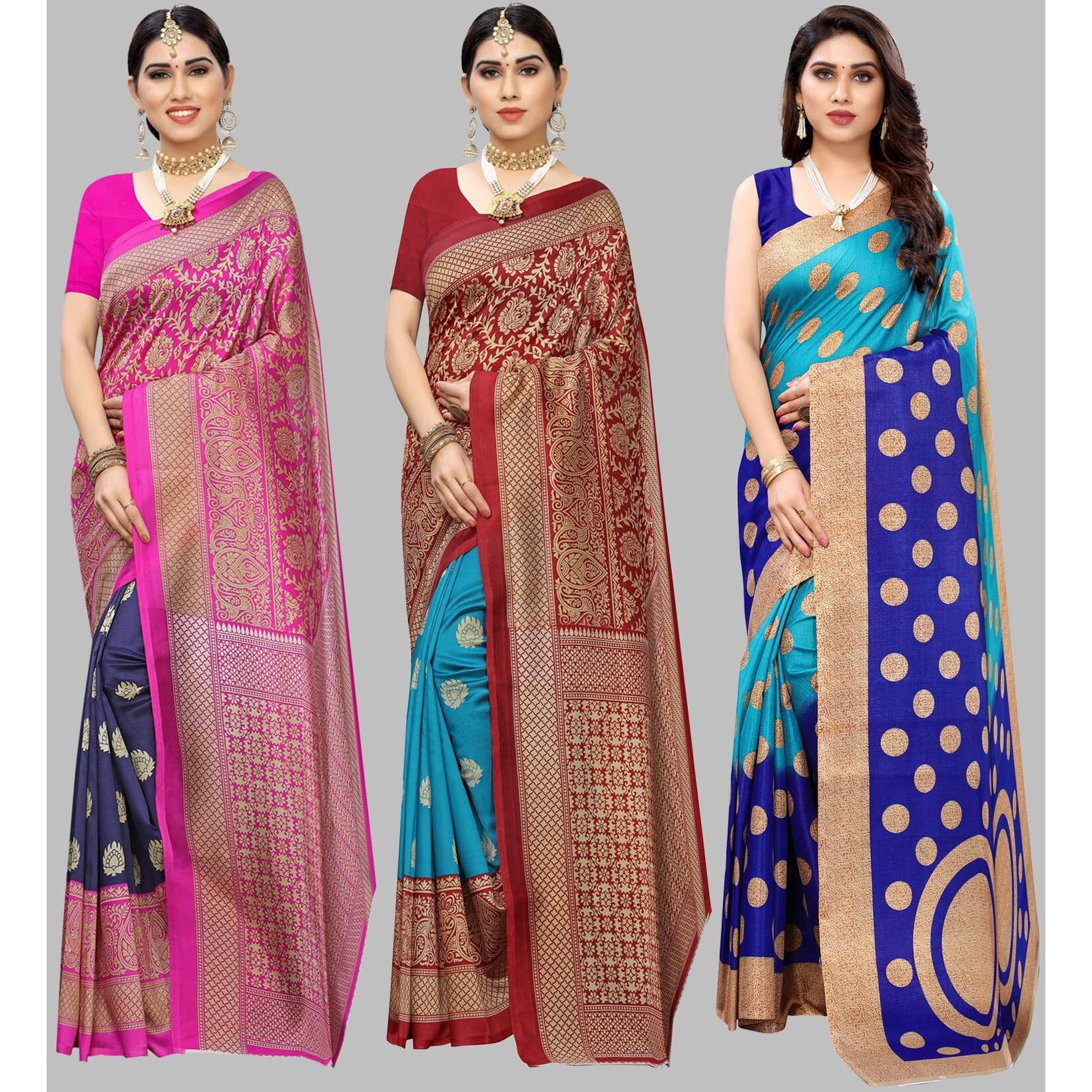 Yashika Women's Combo Art Silk Saree with Blouse Piece-Pack of 3 Navy-Metro RAMA-Kora Blue Multicolor-10
