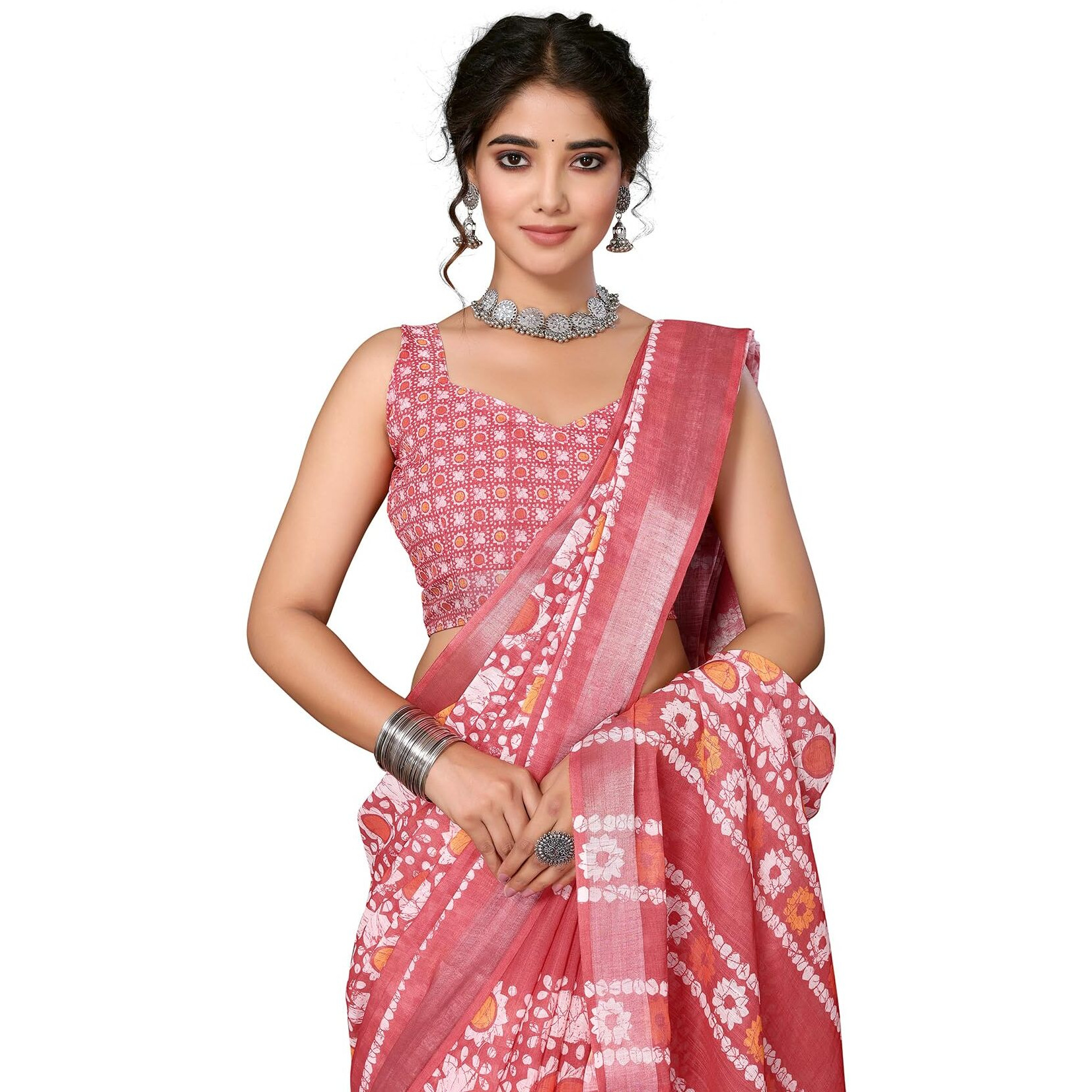 Yashika Women's Plain Digital Print Cotton Silk Blend Saree with Silver Weaving Border Tassels-Elegant Ethnic Wear for Festive and Casual Occasions (AZ-YS-P3-TIGER 01 to 06-Parent_Tiger Peach)