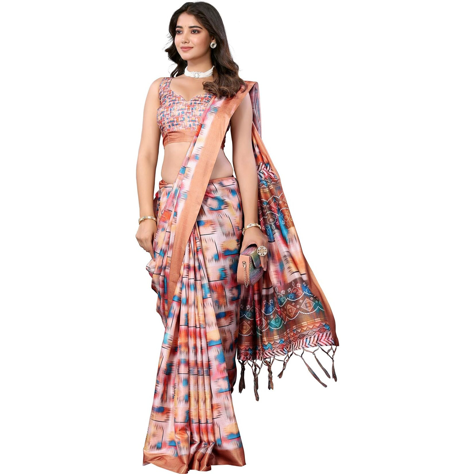 Yashika Women's Digital Print Art Silk Cotton Saree with Tassels and Golden Border - Lightweight and Elegant Ethnic Wear for Festive and Casual Occasions (AZ-YS-P2-PUSHPA 15)