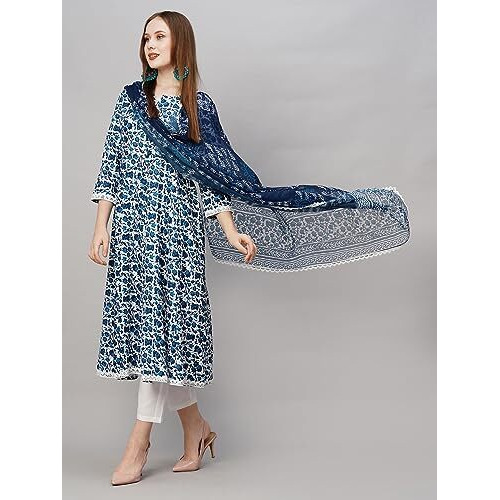ANNI DESIGNER Women's Rayon Blend Anarkali Printed Kurta with Pant & Dupatta (YUTIKA Blue-NW_L_Blue_Large)