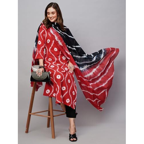 ANNI DESIGNER Women's Cotton Blend Printed Straight Kurta with Pant & Dupatta Pack of 2 (Combo-Mukhi Pink-Mayavi Red_M_Multi_Medium)