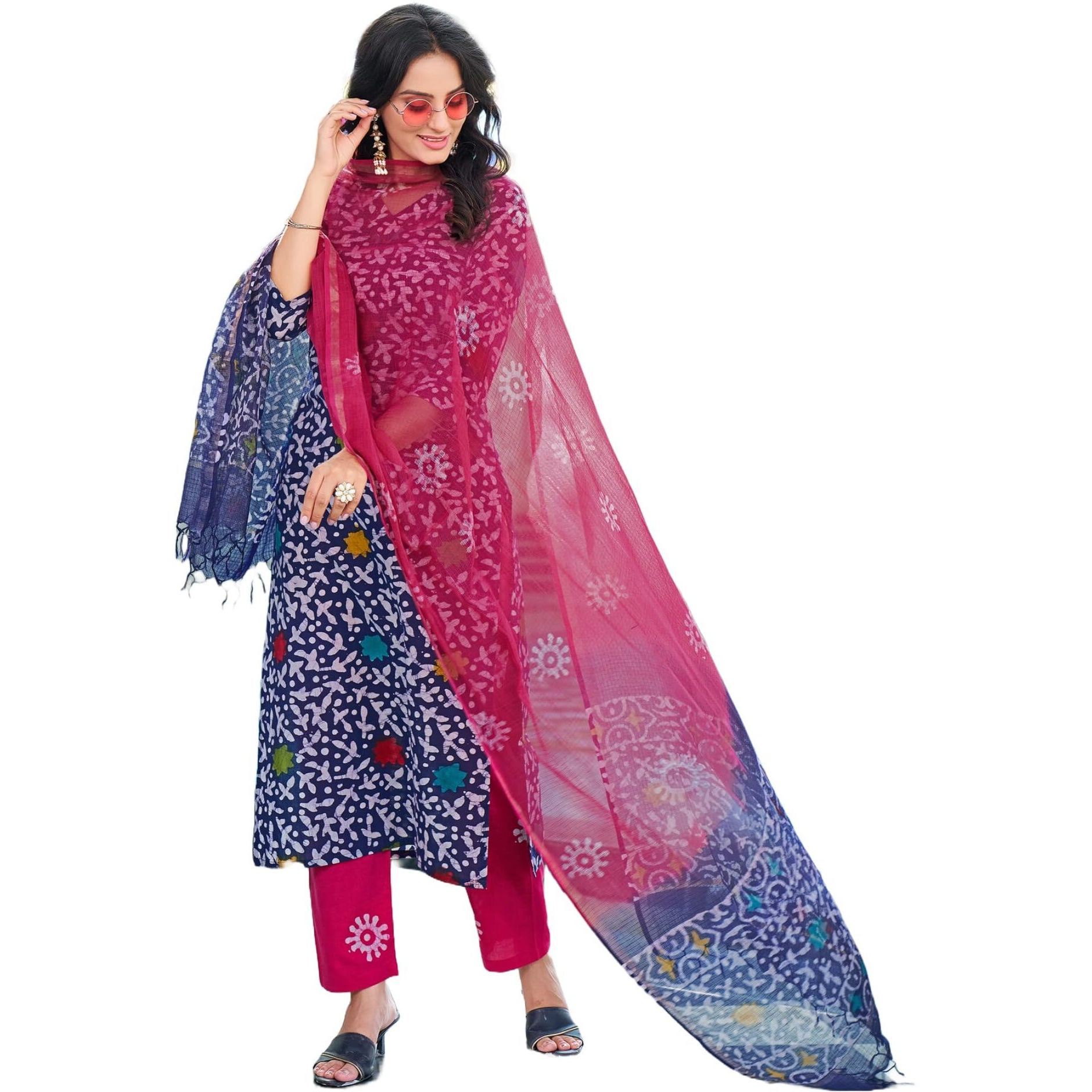 ANNI DESIGNER Women's Cotton Blend Straight Printed Kurta with Pant & Dupatta (Khara Blue-NDS_S_Blue_Small)