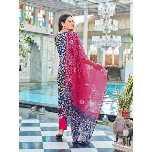 ANNI DESIGNER Women's Cotton Blend Straight Printed Kurta with Pant & Dupatta (Khara Blue-NDS_S_Blue_Small)