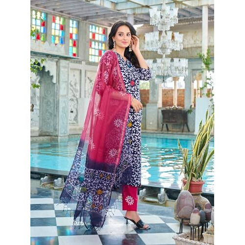 ANNI DESIGNER Women's Cotton Blend Straight Printed Kurta with Pant & Dupatta (Khara Blue-NDS_S_Blue_Small)