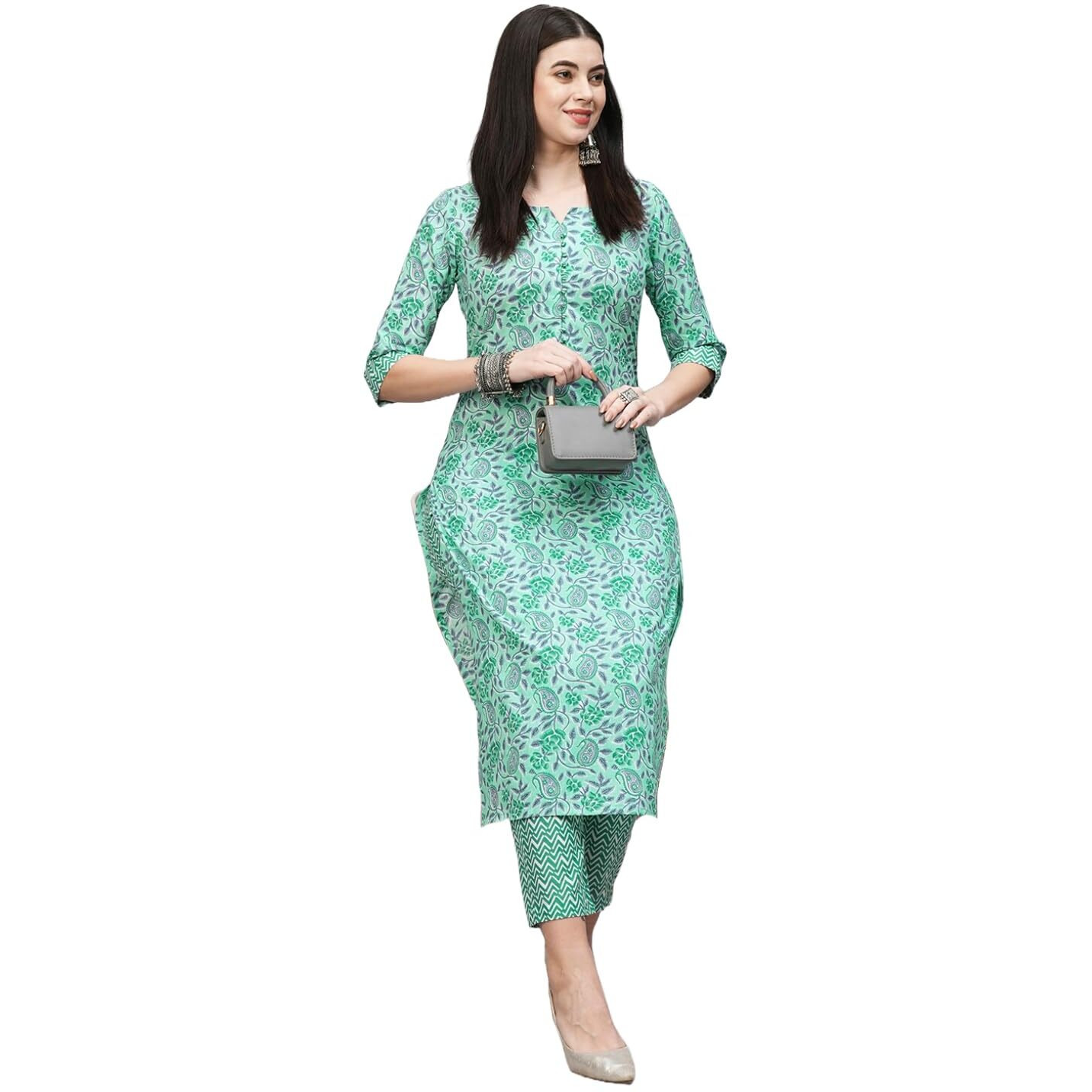 ANNI DESIGNER Women's Cotton Blend Straight Printed Kurta with Pant (Lajvanti Green_S_Green_Small)