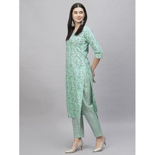 ANNI DESIGNER Women's Cotton Blend Straight Printed Kurta with Pant (Lajvanti Green_S_Green_Small)