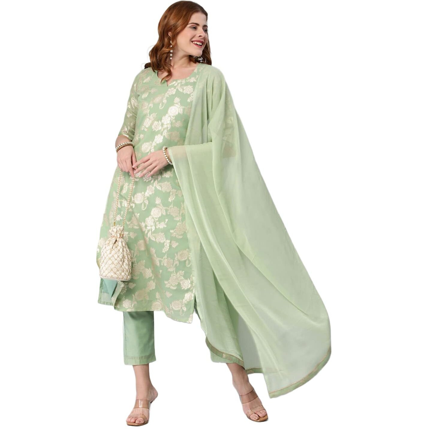 ANNI DESIGNER Women's Banarasi Woven Straight Embellished Printed Kurta with Pant & Dupatta (KABZAA-Pista-Nw_L_Pista_Large)