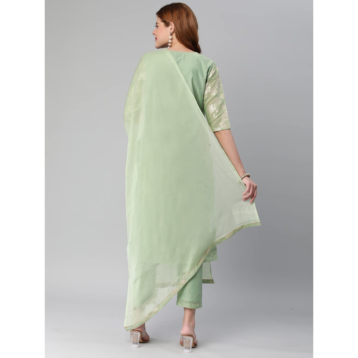 ANNI DESIGNER Women's Banarasi Woven Straight Embellished Printed Kurta with Pant & Dupatta (KABZAA-Pista-Nw_L_Pista_Large)