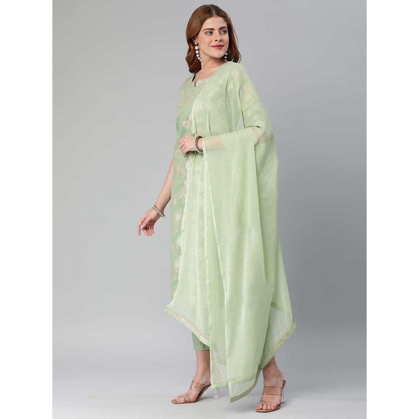 ANNI DESIGNER Women's Banarasi Woven Straight Embellished Printed Kurta with Pant & Dupatta (KABZAA-Pista-Nw_L_Pista_Large)