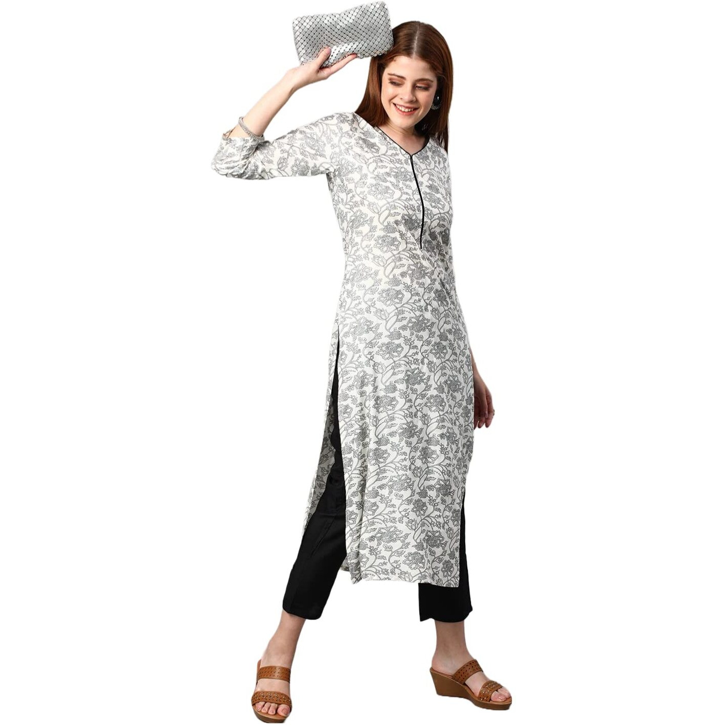 ANNI DESIGNER Women's Cotton Blend Traditional Straight Printed Kurta and Pant Set (AMD 31-Grey_S_Grey_Small)