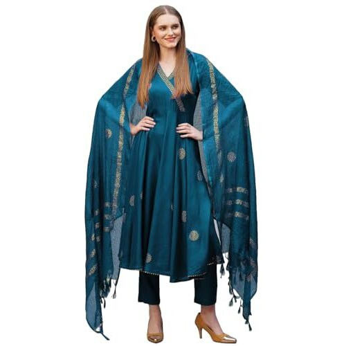 ANNI DESIGNER Women's Rayon Blend Anarkali Printed Kurta with Pant & Dupatta (Berlin KEROSIN-VKS02_XL_Dark Blue_X-Large)