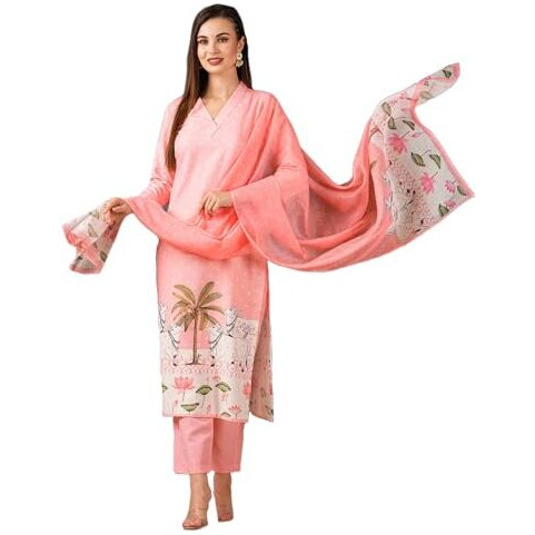 ANNI DESIGNER Women's Cotton Blend Straight Printed Kurta with Pant & Dupatta (Gosala Pink-NW_L_Pink_Large)