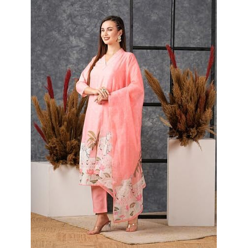 ANNI DESIGNER Women's Cotton Blend Straight Printed Kurta with Pant & Dupatta (Gosala Pink-NW_L_Pink_Large)