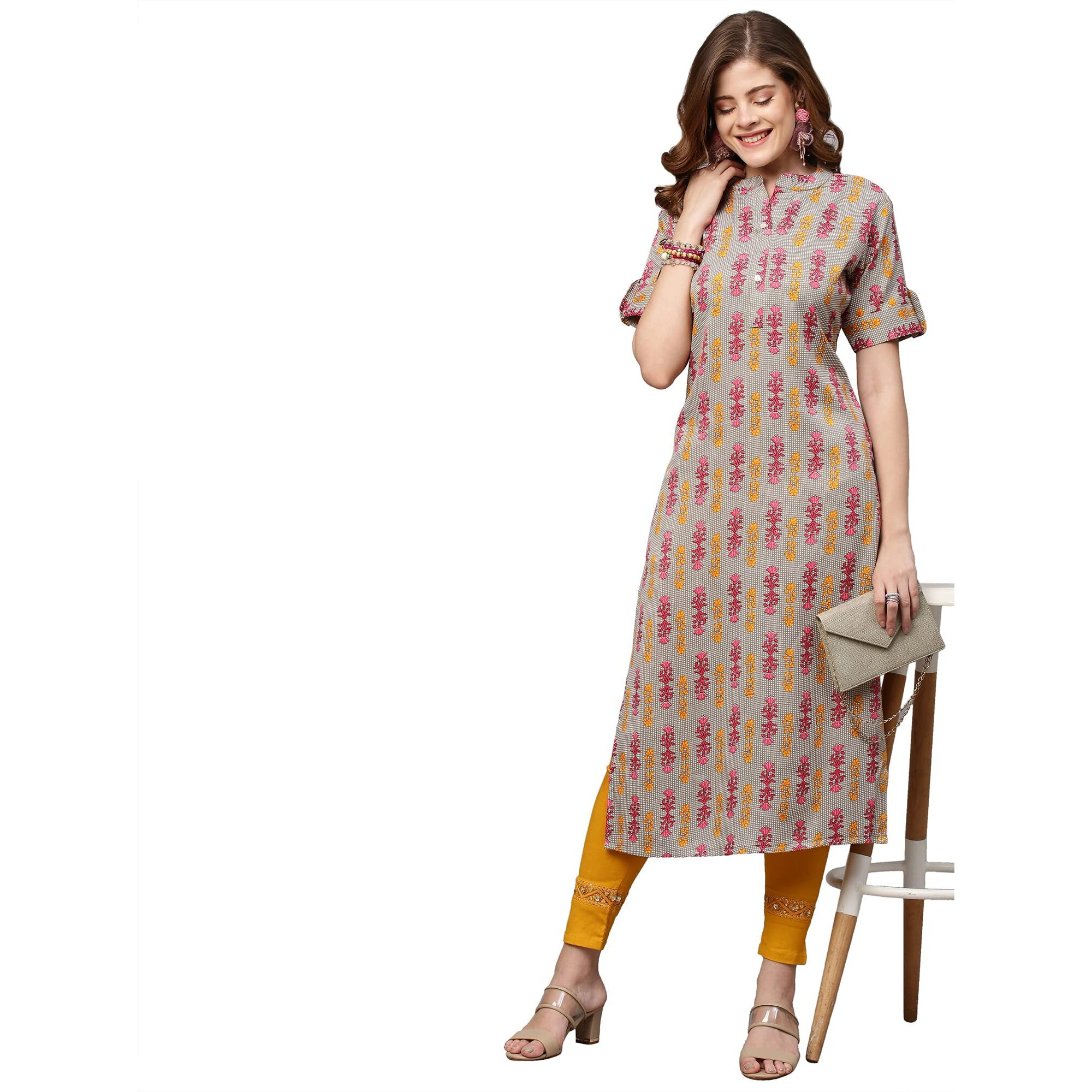 ANNI DESIGNER Women's Crepe Printed Straight Kurta (Noki STY Light Pink_S_Light Pink_Small)