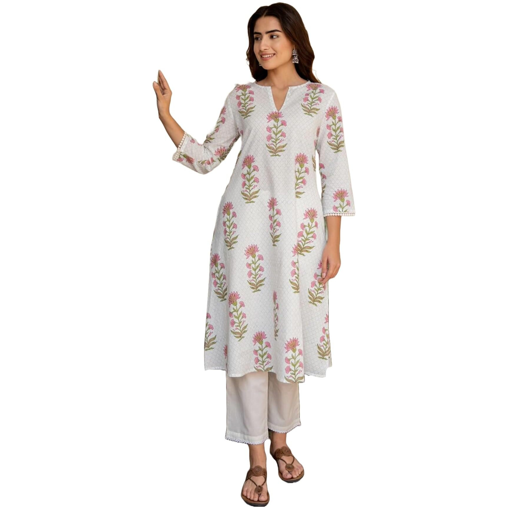 ANNI DESIGNER Women's Rayon Viscose Anarkali Printed Kurta with Pant (Dilam White_L_White_Large)