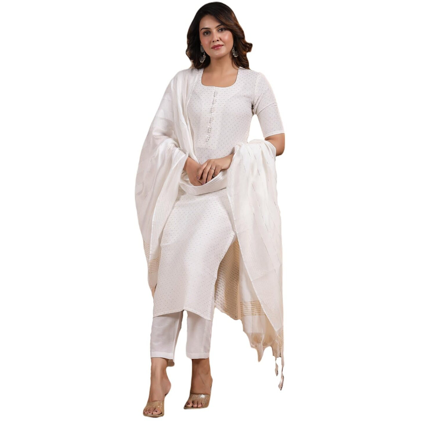 ANNI DESIGNER Women's Rayon Blend Printed Straight Kurta with Pant & Dupatta (Nukad Cream-NW_XL_Cream_X-Large)