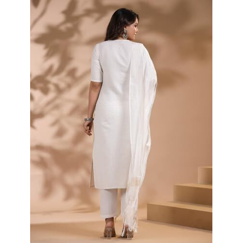 ANNI DESIGNER Women's Rayon Blend Printed Straight Kurta with Pant & Dupatta (Nukad Cream-NW_XL_Cream_X-Large)