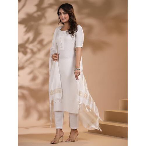 ANNI DESIGNER Women's Rayon Blend Printed Straight Kurta with Pant & Dupatta (Nukad Cream-NW_XL_Cream_X-Large)
