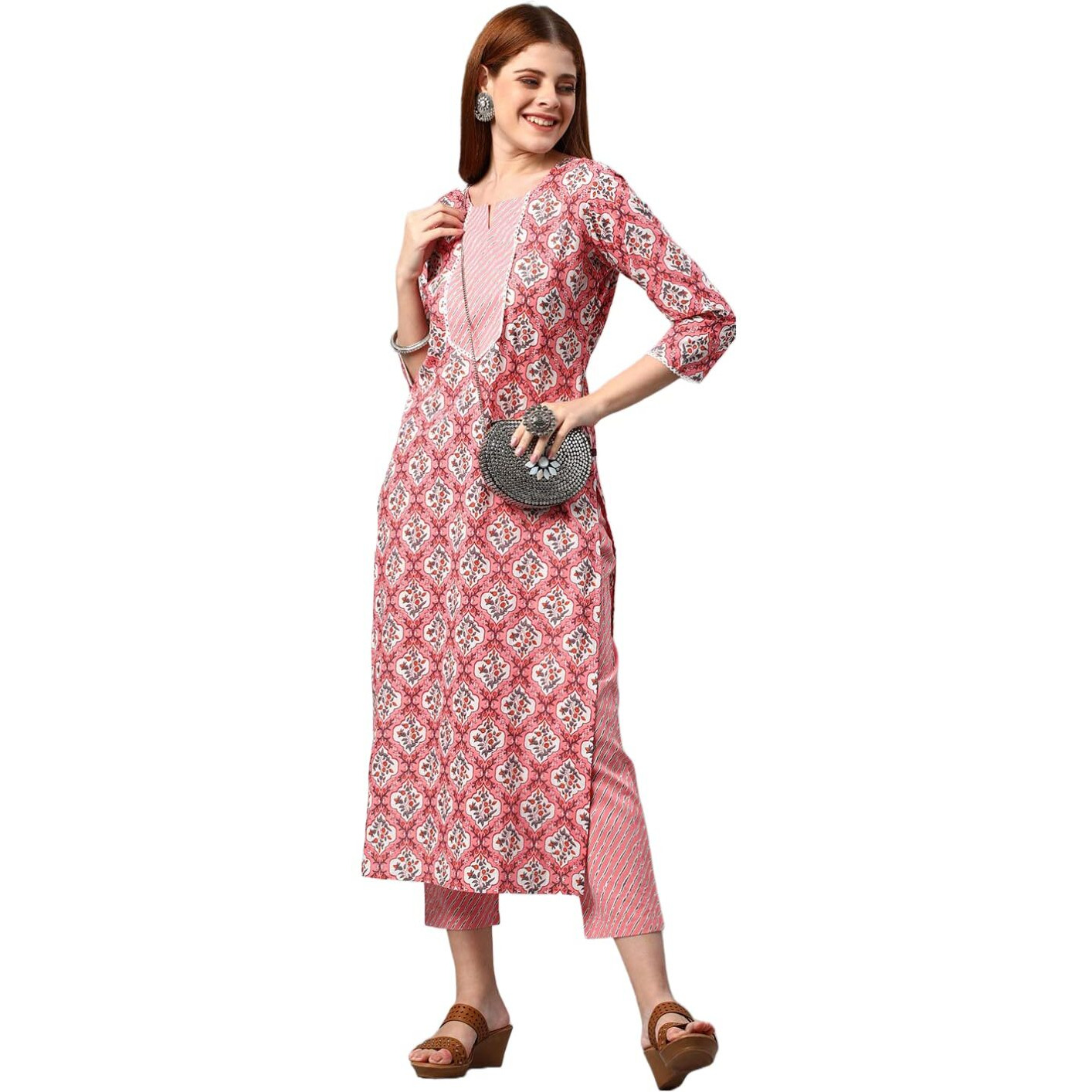 ANNI DESIGNER Women's Cotton Blend Printed Straight Kurta with Pant (Jinki-Peach_XXL_Dark Blue_XX-Large)
