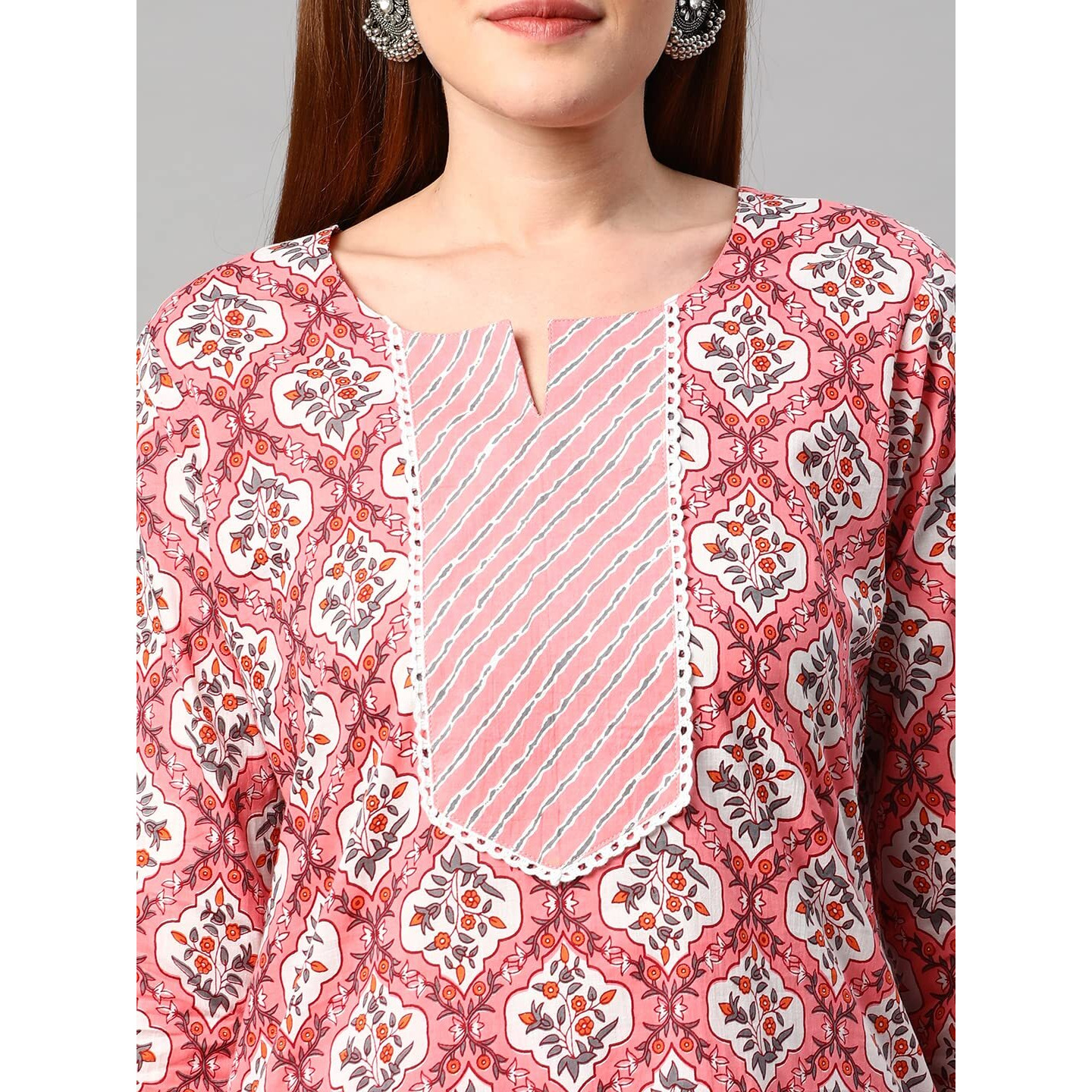 ANNI DESIGNER Women's Cotton Blend Printed Straight Kurta with Pant (Jinki-Peach_XXL_Dark Blue_XX-Large)