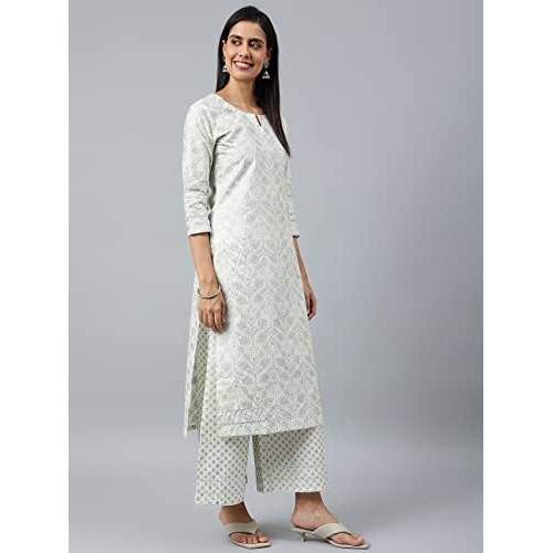 ANNI DESIGNER Women's Cotton Blend Straight Printed Kurta with Palazzo & Dupatta (Suchi Grey_S_Grey_Small)