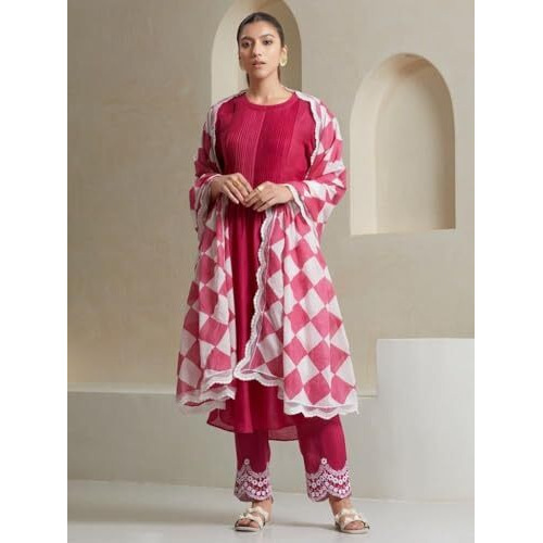 ANNI DESIGNER Women's Cotton Blend Straight Solid Kurta with Pant & Dupatta (Lee Pink_M_Pink_Medium)