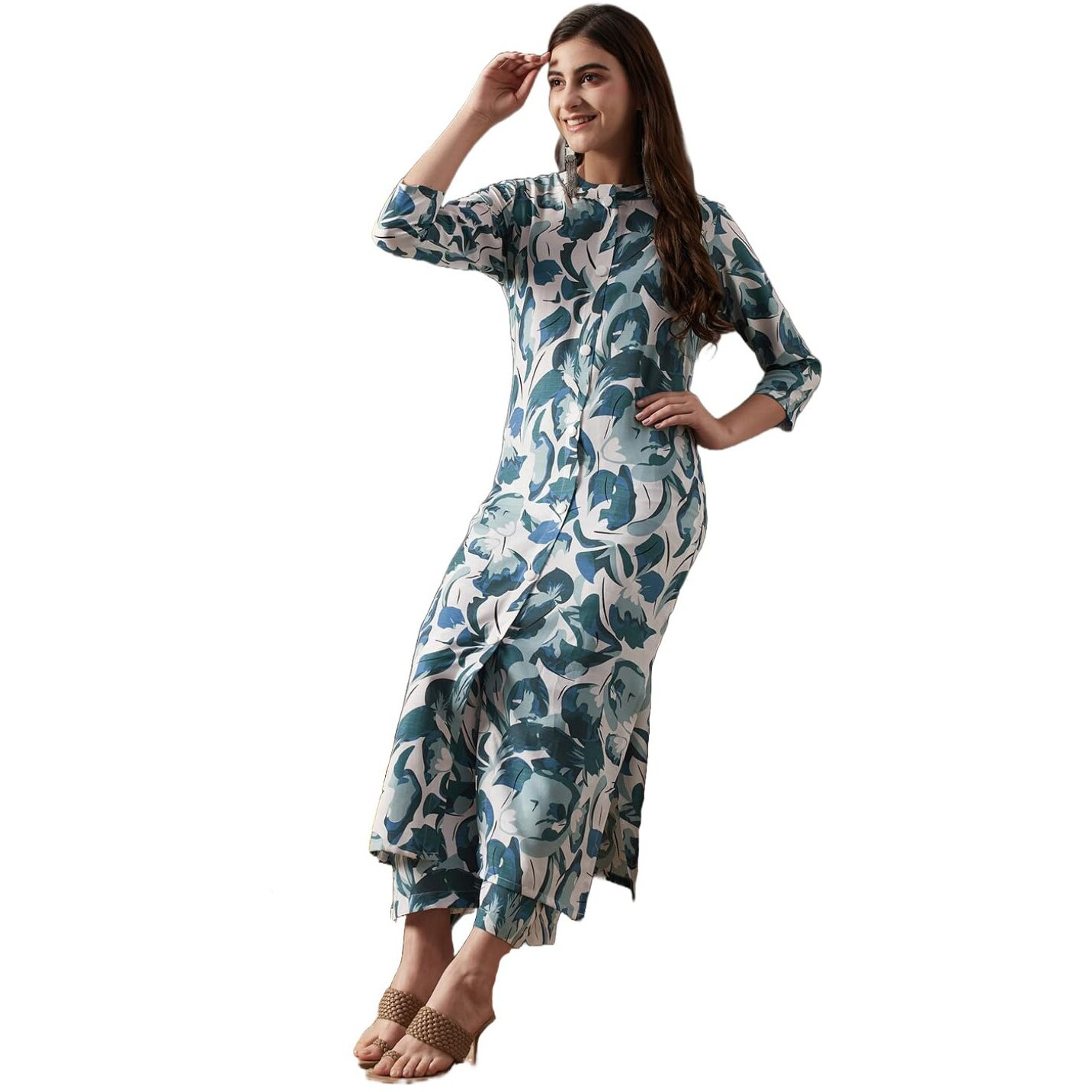 ANNI DESIGNER Women's Cotton Blend Straight Printed Kurta with Palazzo (Yamla Green-NW_XL_Green_X-Large)