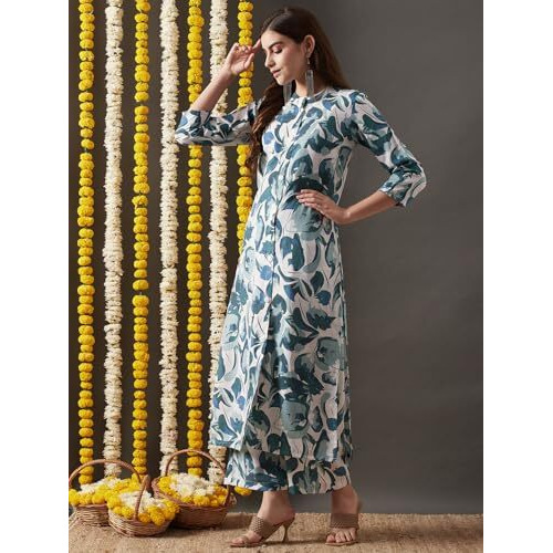 ANNI DESIGNER Women's Cotton Blend Straight Printed Kurta with Palazzo (Yamla Green-NW_XL_Green_X-Large)