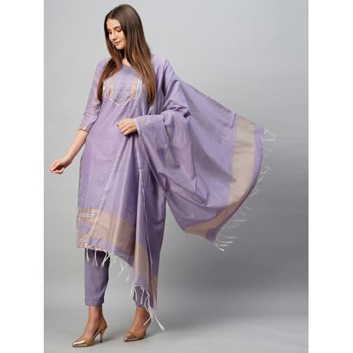 ANNI DESIGNER Women's Cotton Blend Printed Straight Kurta with Pant & Dupatta (Date-Purple_L_Purple_Large)