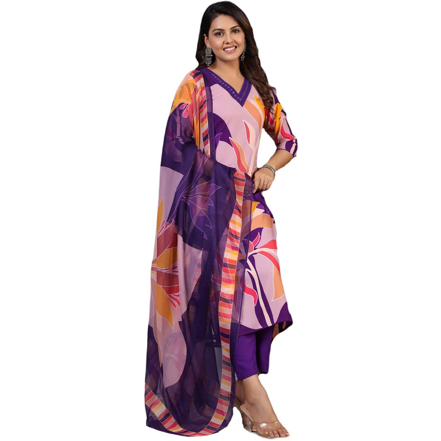 ANNI DESIGNER Women's Rayon Blend Printed Straight Fit Kurta with Pant & Dupatta (KHISSU Violet_M_Violet_Medium)