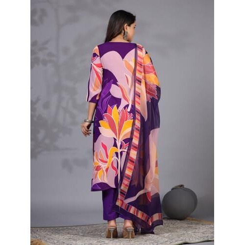ANNI DESIGNER Women's Rayon Blend Printed Straight Fit Kurta with Pant & Dupatta (KHISSU Violet_M_Violet_Medium)