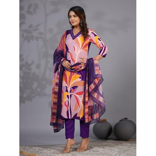 ANNI DESIGNER Women's Rayon Blend Printed Straight Fit Kurta with Pant & Dupatta (KHISSU Violet_M_Violet_Medium)