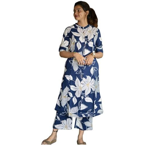 ANNI DESIGNER Women's Rayon Viscose Straight Printed Kurta with Pant (Sunoni Blue-VKS01_L_Blue_Large)