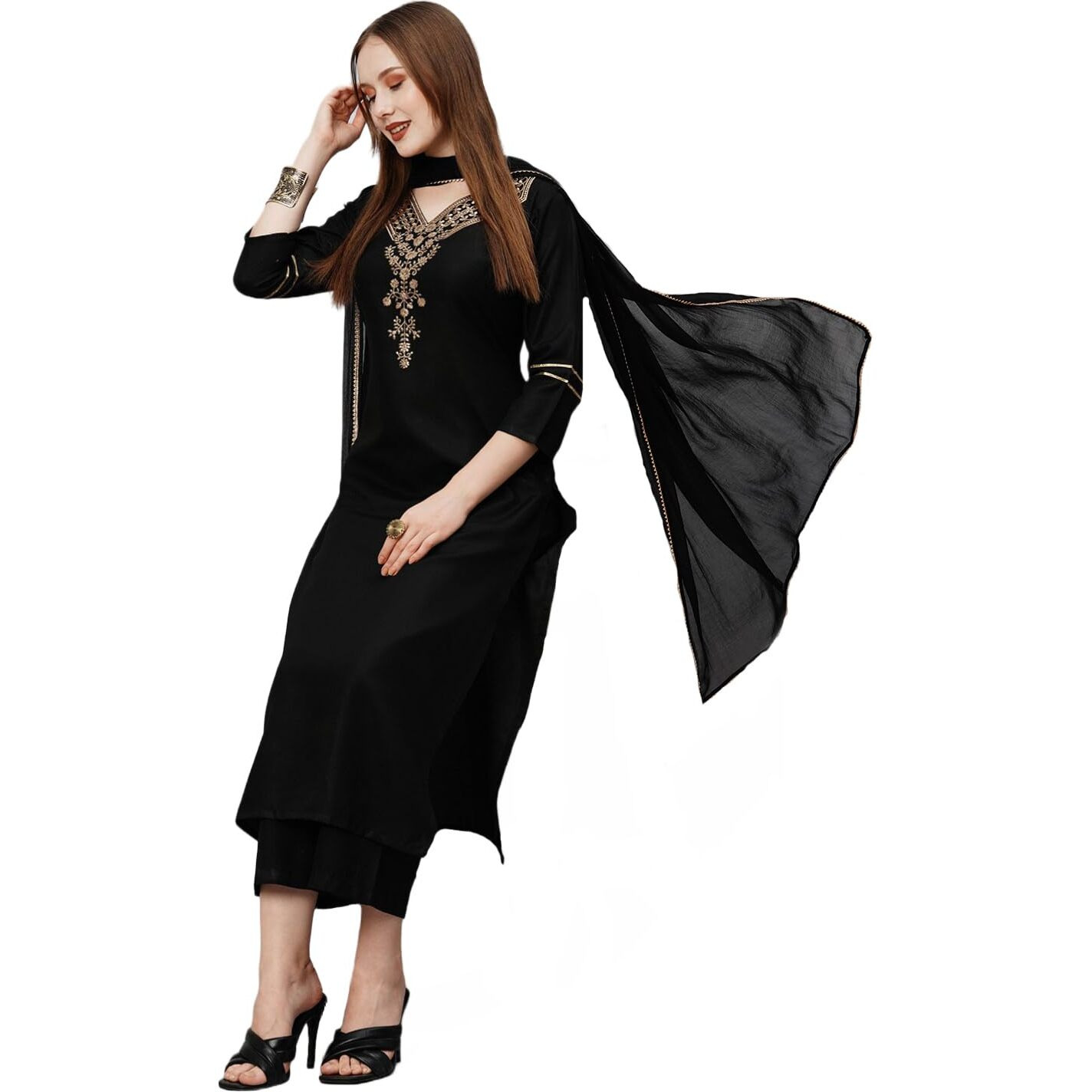 ANNI DESIGNER Women's Cotton Blend Straight Embroidered Kurta with Pant & Dupatta (Dacia Black_XXL_Black_XX-Large)