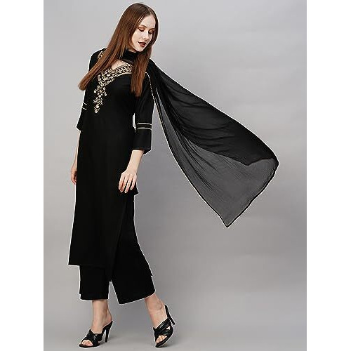 ANNI DESIGNER Women's Cotton Blend Straight Embroidered Kurta with Pant & Dupatta (Dacia Black_XXL_Black_XX-Large)