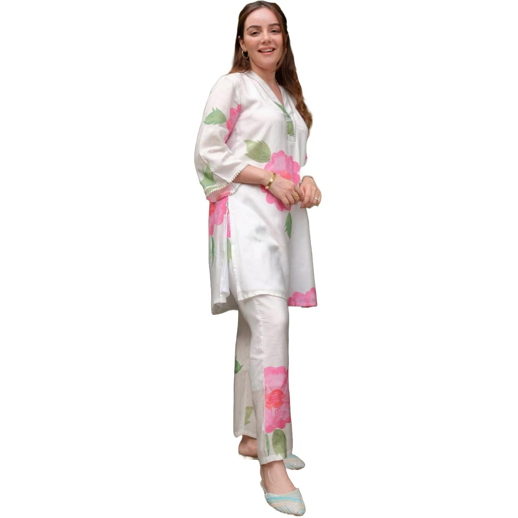 ANNI DESIGNER Women's Chanderi Cotton Straight Printed Co-Ord Set (Lace Cream Co-ord-NKL_L_Cream_Large)
