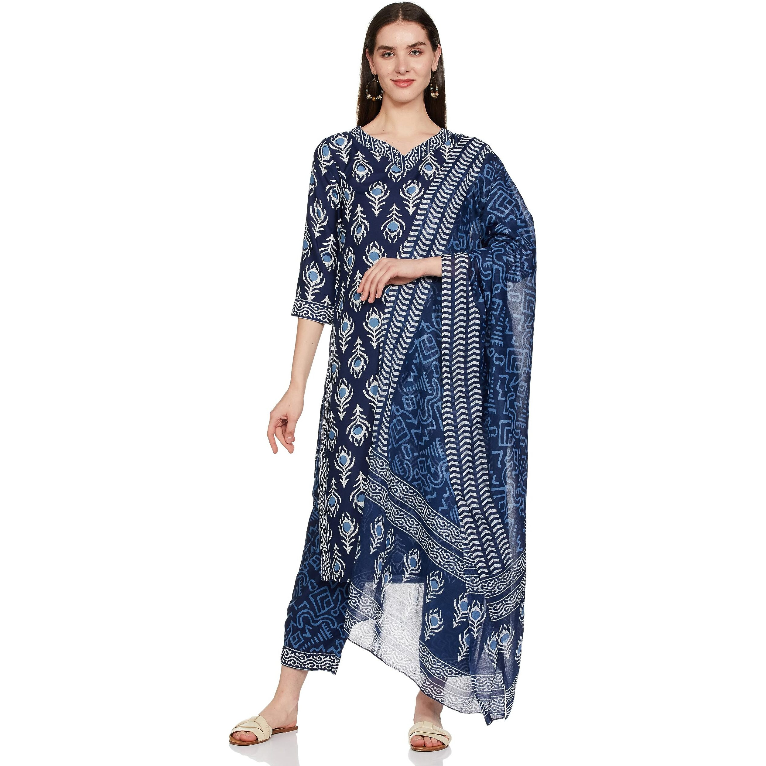 KLOSIA women's Viscose Kurta Pant with Dupatta Set (Blue_IndigoSet_M_Indigo Blue_M)