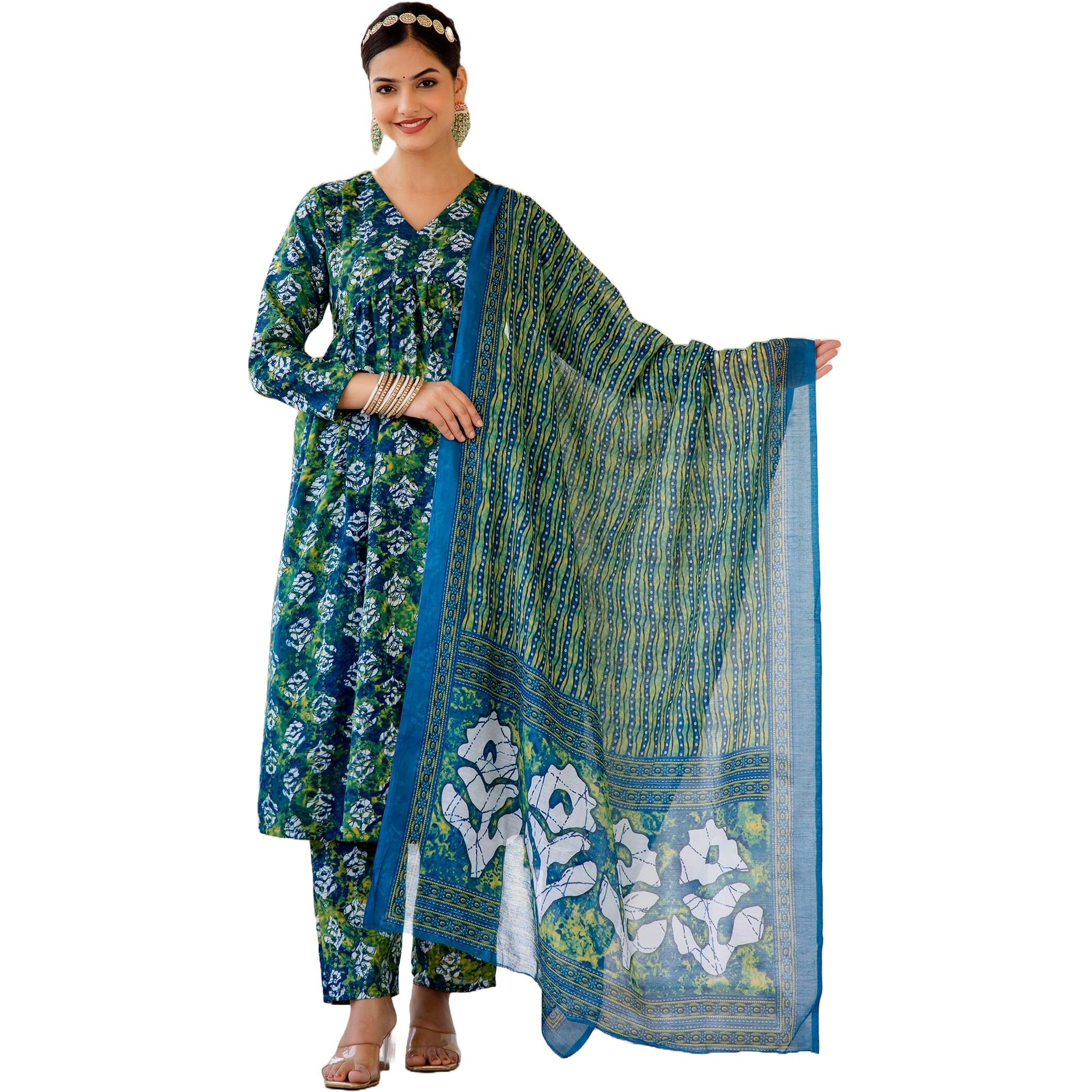 KLOSIA Women Printed A-Line Kurta and Pant Set with Dupatta (XX-Large) Green