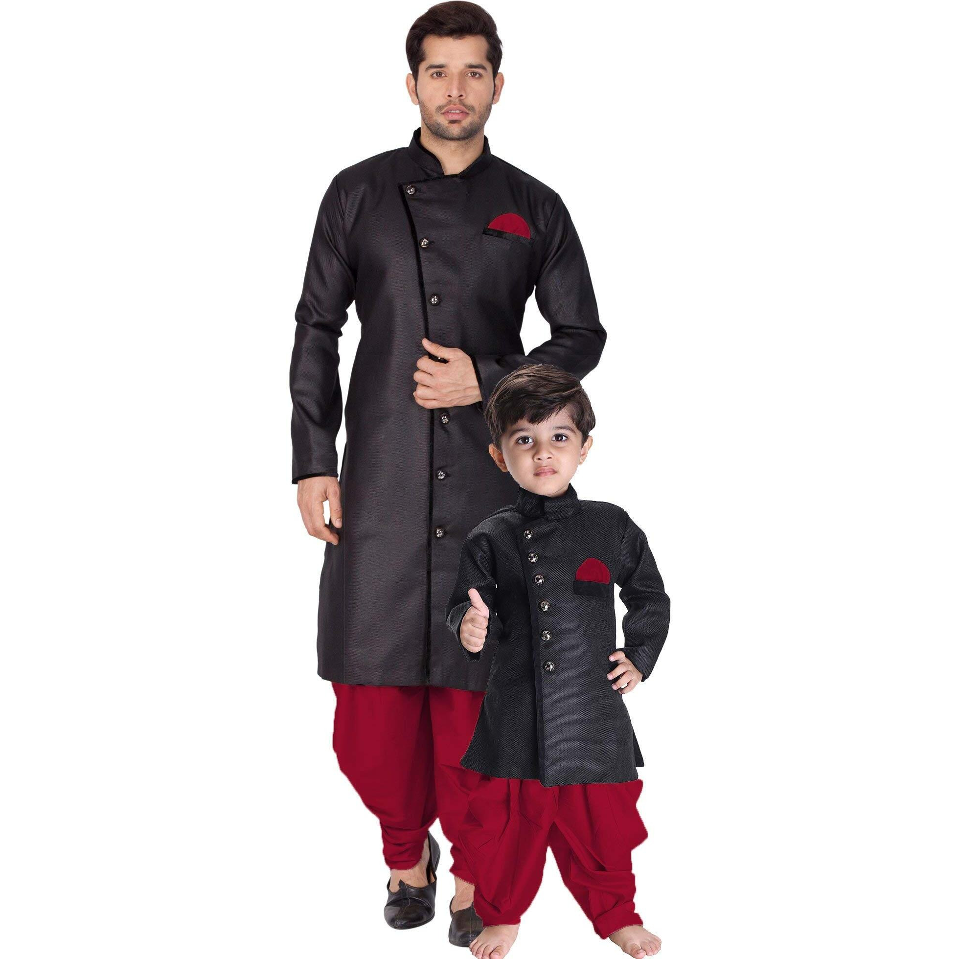 VASTRAMAY Baap Beta Cotton Blend Black and Maroon Indo Angrakha Style Sherwani Set for Father and Son - Perfect Ethnic Ensemble with Cowl Style Patiala Dhoti Pant