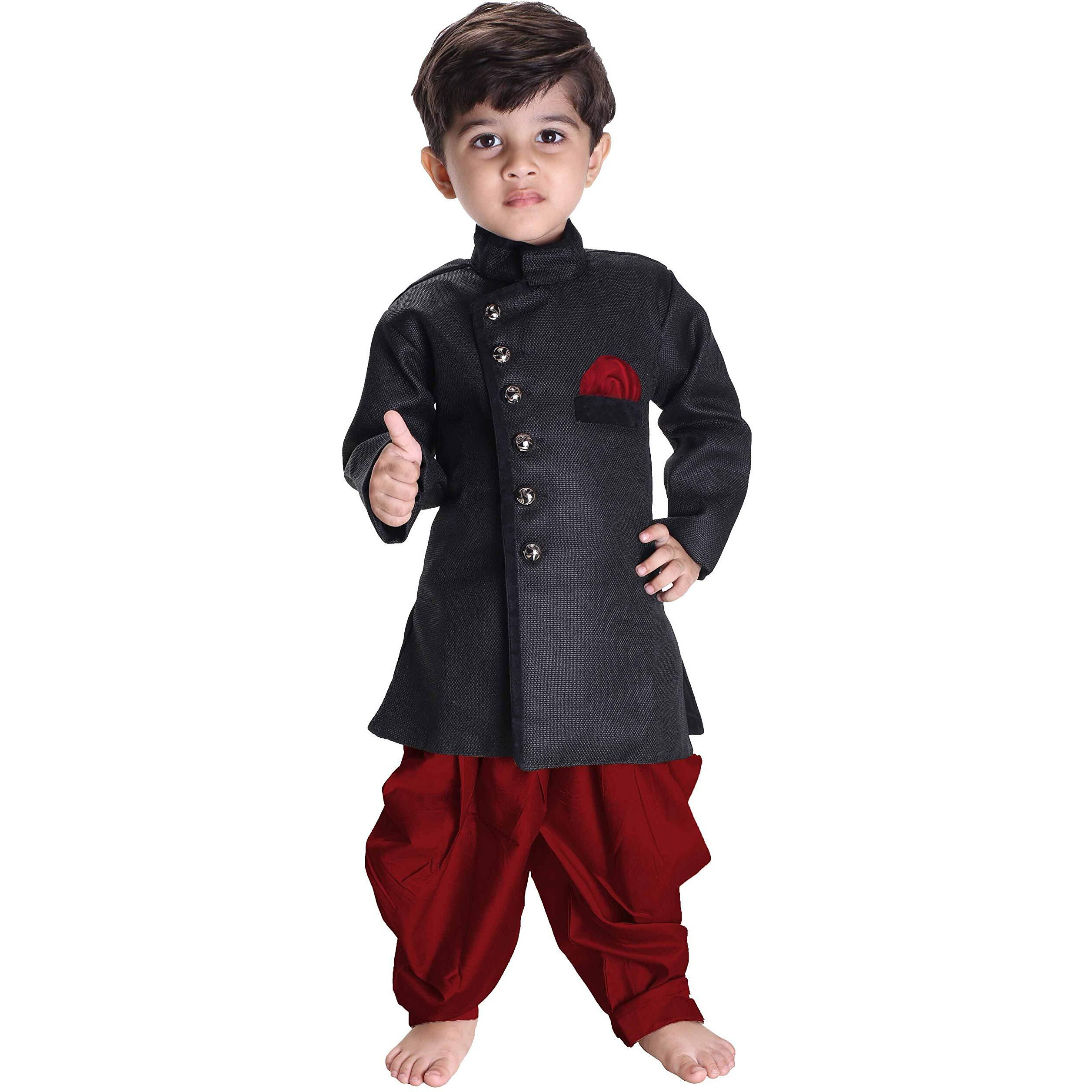 VASTRAMAY Baap Beta Cotton Blend Black and Maroon Indo Angrakha Style Sherwani Set for Father and Son - Perfect Ethnic Ensemble with Cowl Style Patiala Dhoti Pant