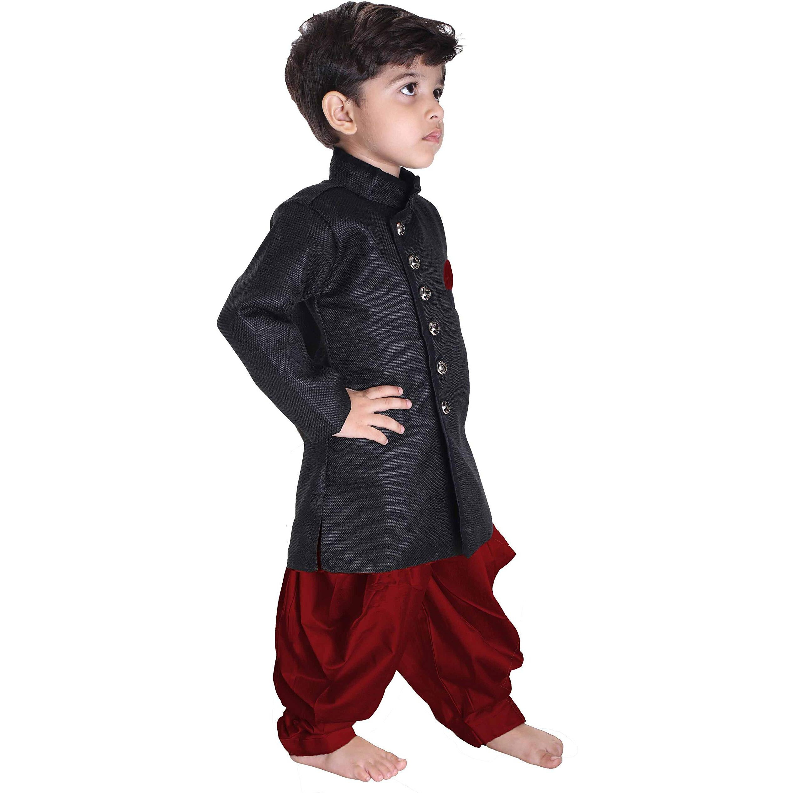 VASTRAMAY Baap Beta Cotton Blend Black and Maroon Indo Angrakha Style Sherwani Set for Father and Son - Perfect Ethnic Ensemble with Cowl Style Patiala Dhoti Pant