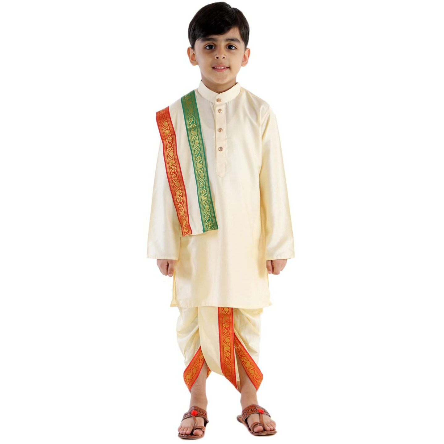 VASTRAMAY Boys' Gold Kurta Dhoti and Dupatta Set - Comfortable Cotton Blend Ethnic Wear with Traditional Design for Festive, Wedding, and Party