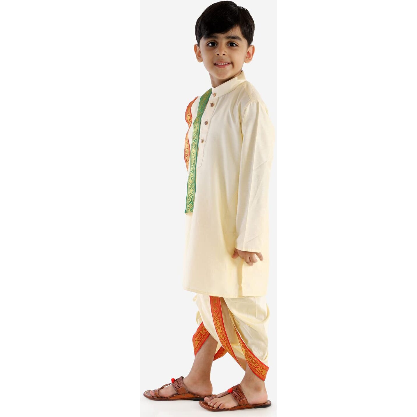 VASTRAMAY Boys' Gold Kurta Dhoti and Dupatta Set - Comfortable Cotton Blend Ethnic Wear with Traditional Design for Festive, Wedding, and Party