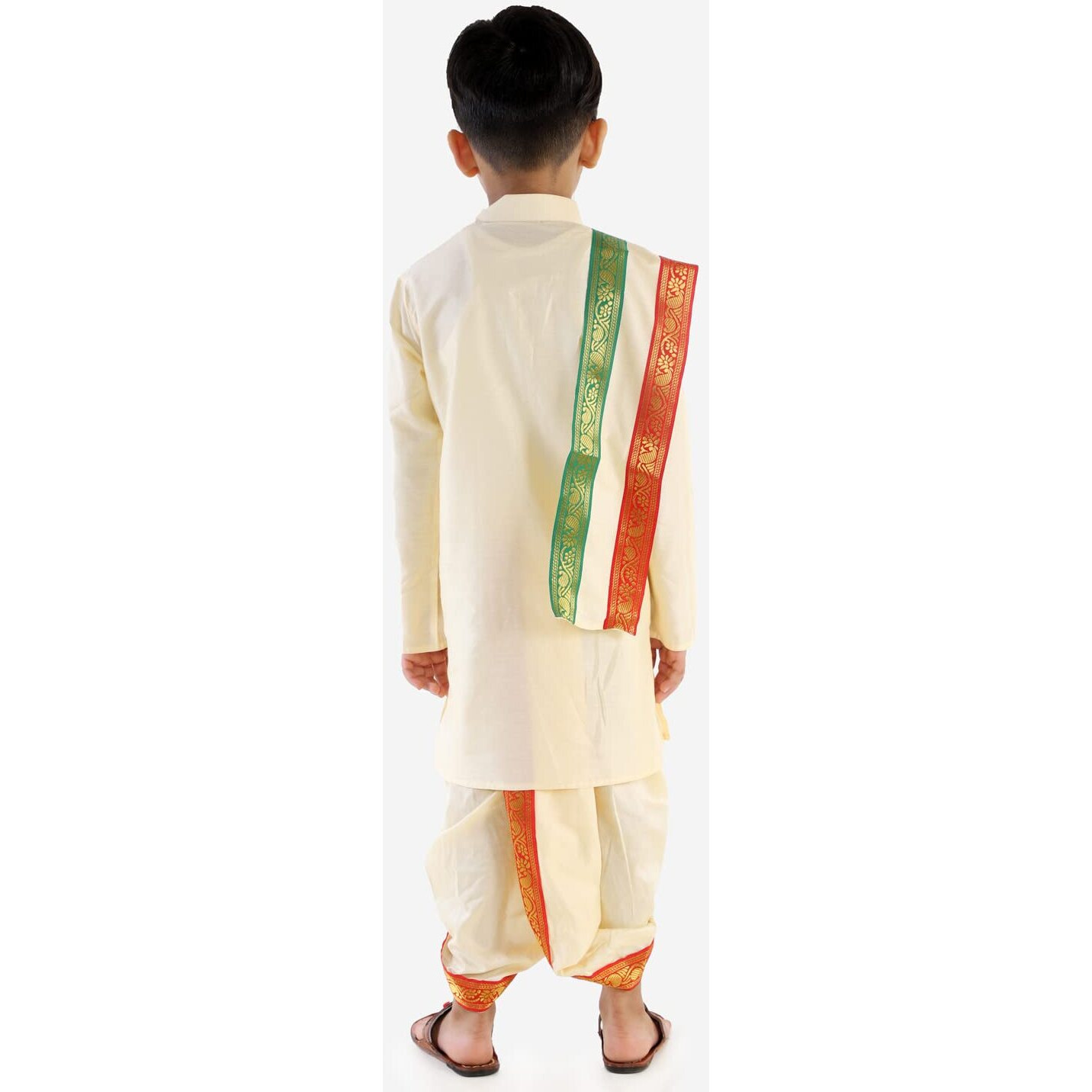 VASTRAMAY Boys' Gold Kurta Dhoti and Dupatta Set - Comfortable Cotton Blend Ethnic Wear with Traditional Design for Festive, Wedding, and Party
